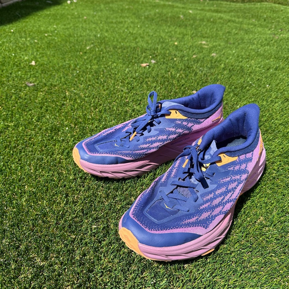 Women’s Hoka Speedgoat 5 Running Shoes in Blue and Pink Used Size 12